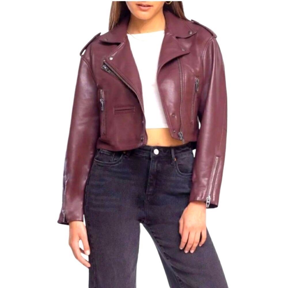 NWT Blank NYC Faux Leather Cropped Moto Jacket in Plum Size Small